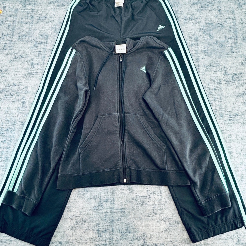 Adidas Womens Tracksuit Set Charcoal Aqua 3-Stripe Zip Hoodie Track Pants M